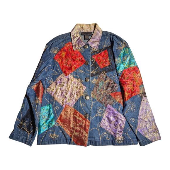 Vintage Jackets & Blazers - Vtg Y2K New Direction Blue Denim Brocade Satin Patchwork Button Up Jacket Sz M